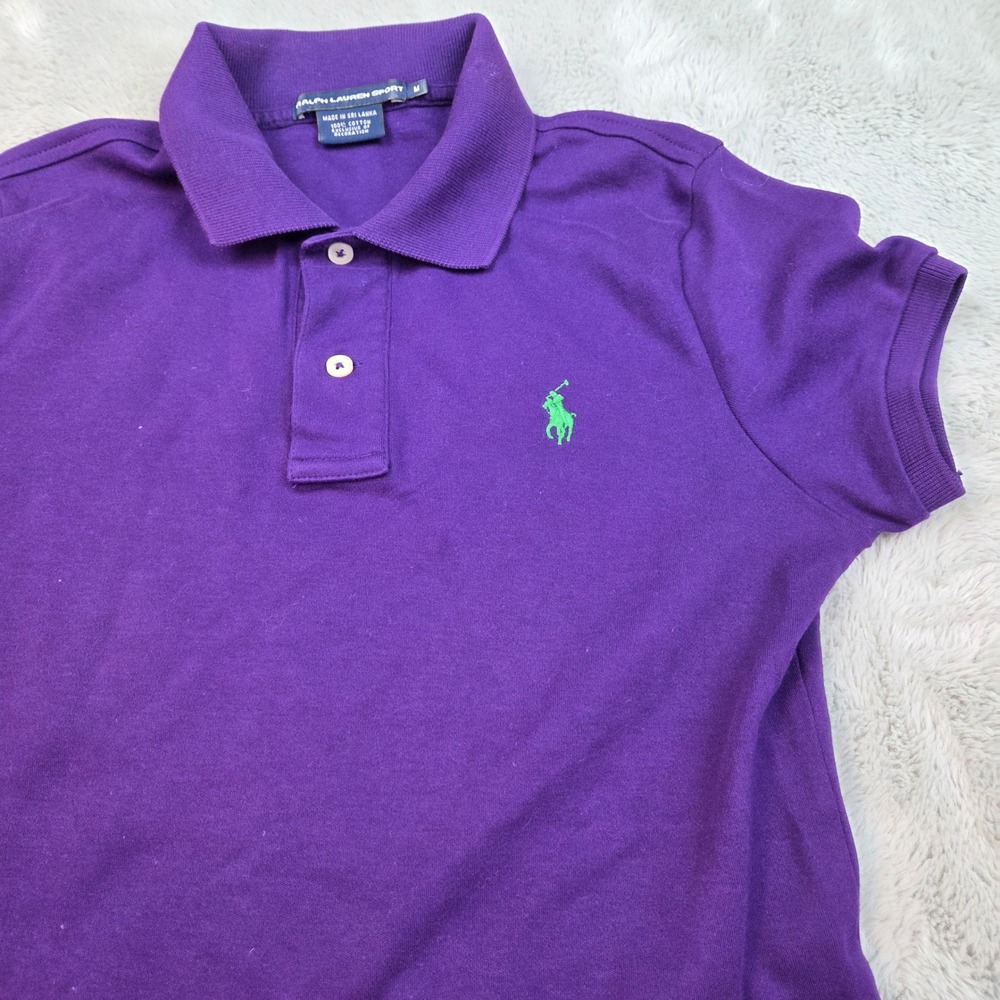 Ralph Lauren Sport Polo Shirt Women Medium Purple Lime‎ Green Pony Short Sleeve